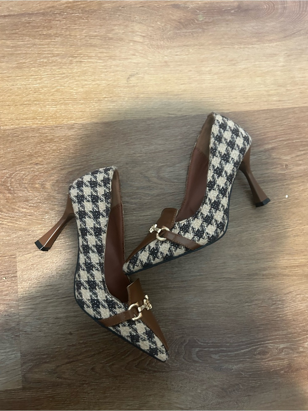 Houndstooth Pointed-Toe Pumps with Brown Trim